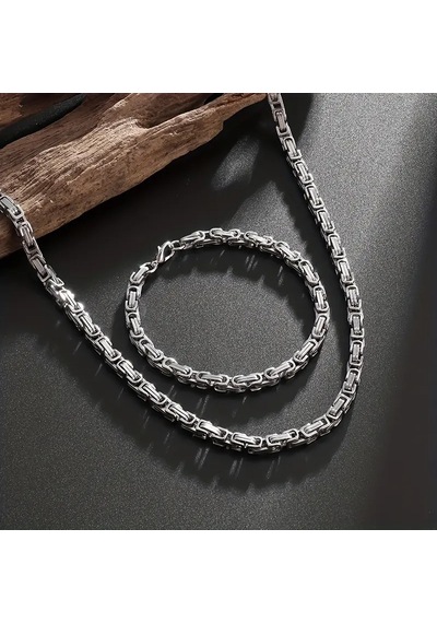 Silver Renk Tamamı Saf Çelik Kral Erkek Kolye Bileklik Set 4mm Gümüş