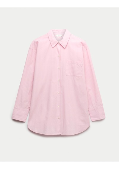 Marks & Spencer Saf Pamuklu Çizgili Poplin Pijama Üstü T37003702T Pembe