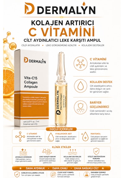 Dermalyn 5 Adet Kolajen Artırıcı C Vitamini Cilt Aydınlatıcı Leke Karşıtı Ampul Serum Dermaroller Dermapen
