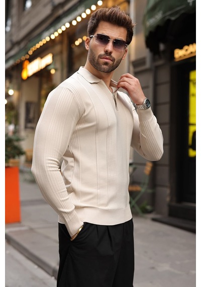 Madmext Taş Rengi Polo Yaka Slim Fit Erkek Triko Kazak E7527