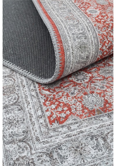 Zümrüt 04 Bordürlü Kırmızı Gri Krem Vintage Desenli Eskitme İnce Yıkanabilir Salon Ev Oda Halısı