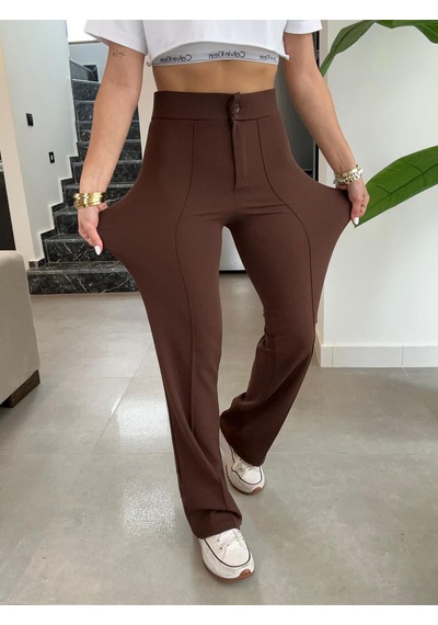 Paw Garage Çimalı Palazzo Pantolon, 4 Mevsim, En Boy Likralı, Favori Pantolon, İş Pantolonu Kahve