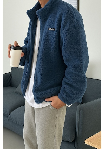 Genius Store Oversize Peluş Tam Fermuarlı Sweatshirt Peluş İçi Polarlı Sherpa Kumaş Sweatshirt İndigo
