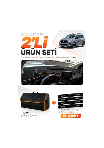 Nissan Townstar 2025-sonrası Uyumlu Torpido Örtüsü + Deri Çanta + Sticker - Siyah Kahverengi