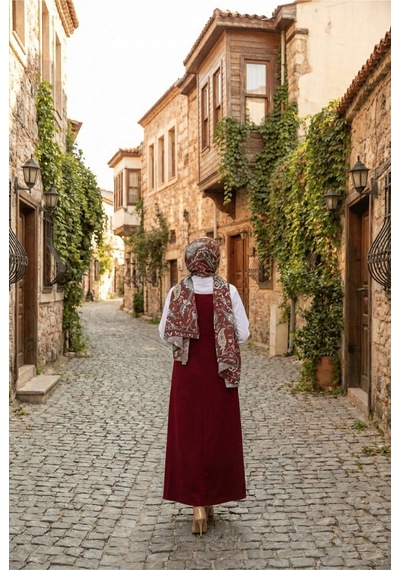 Unika Boutique Tesettür Askılı Jile Elbise Dokuma Bordo
