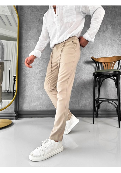 Modefendi İp Ve Düğme Detaylı %100 Gofre Kumaş Jogger Pantolon Krem