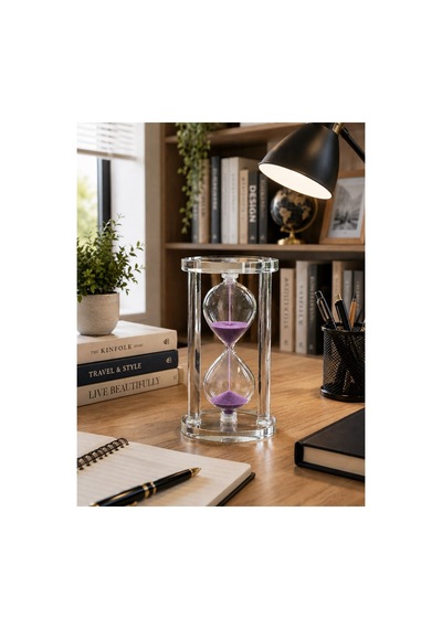 Modern Ofis Masa Üstü Biblosu Cam Kum Saati 10 Dakikalık Zamanlı Mor Kum Dekoratif Hediye 14.5x8 Cm Biblo