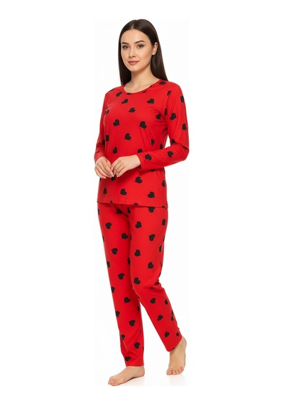 Bisiklet Yaka Süet Kırmızı Pijama Takımı 6010 Siyah Kalpli Gümüş