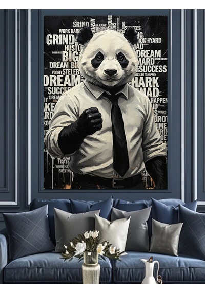 Ahşap Tablo Motivasyon Yazıları Fonlu Panda Siyah Beyaz