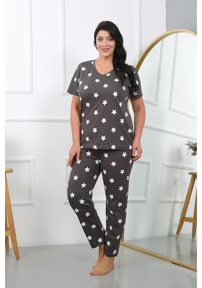 Akbeniz Kadın Büyük Beden Kısa Kol Penye Pijama Takımı Füme 202407-füme Füme Akbeniz Kadın Büyük Beden Kısa Kol Penye Pijama Takımı Füme 202407-füme Füme