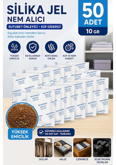 50 Adet - Silikajel, Nem Alıcı, 10 Gr, Silika Jel Rutubet Önleyici Küf Giderici Gel
