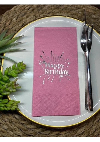 Gümüş Yaldızlı Pembe Happy Bırthday Garson Katlama Peçete 16 lı