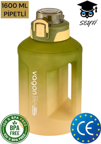 1600 Ml Çift Renk Pipetli Taşıma Askılı Ve Kulplu Motivasyon Su Matarası Vagonlife 2307 001
