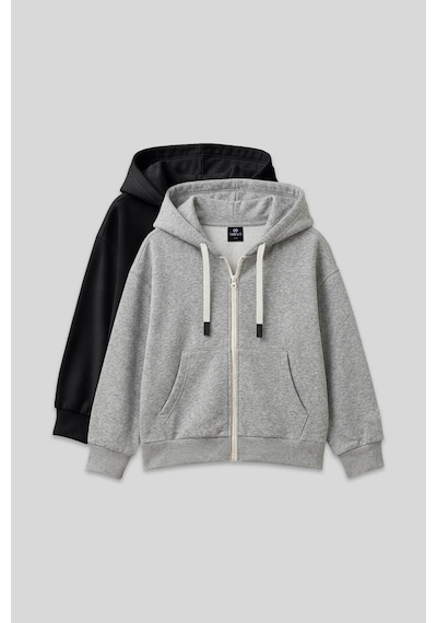 Fermuarlı Pamuklu 2li Paket Siyah-gri Melanj Kız Çocuk Sweatshirt - 75149 Siyah - Gri