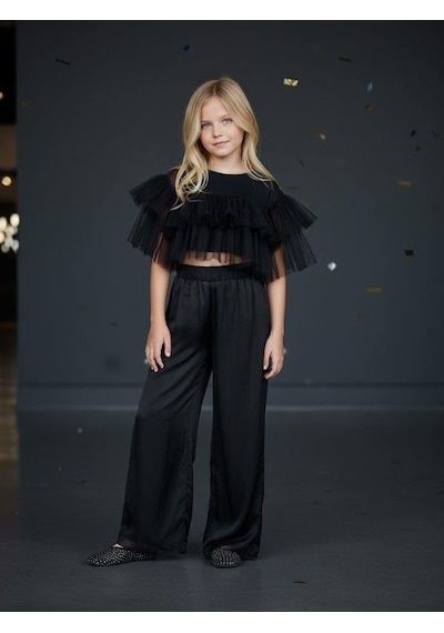 Zekids Kız Çocuk Süprem Şifon Tasarım Pantolon-16527 Siyah