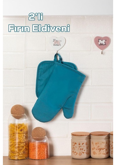 3136 2li Isıya Dayanıklı Fırın Eldiveni Ve Tutacak Seti Mutfak Eldiveni Seti Mavi Diğer