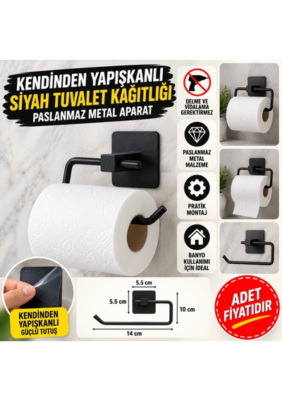 Kendiliğinden Yapışkanlı Siyah Paslanmaz Metal Kapaksız Tuvalet Kağıtlığı Aparatı Adet Fiyatıdır Diğer