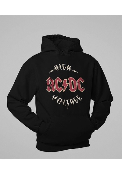 Sevbano High Ac Dc Voltage Yazılı Unisex Oversize Rock Metal Hoodie Siyah