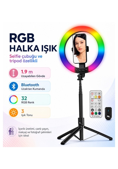 1,9 Metre Rgb Halka Işık Selfie Çubuğu Ve Tripod, 32 Renkli Led Ring Light, Bluetooth