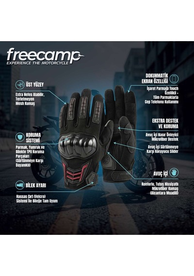 Freecamp Power Tam Parmak Motosiklet Eldiveni En 13594:2015 Siyah/kırmızı Siyah - Kırmızı