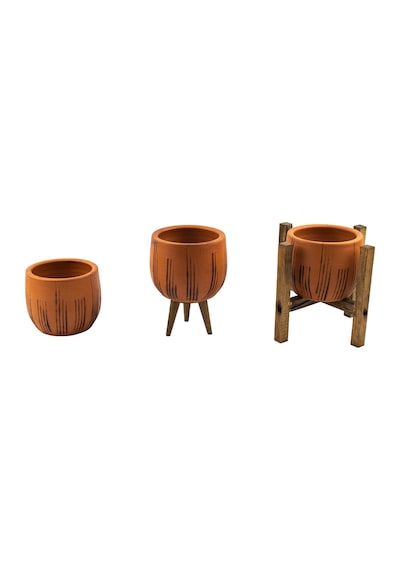 Bitki Tasarımı Ev Dekorasyon Siyah Çizgi Desenli Terakota Toprak Saksı Saksılık Salon Çiçeklik Üçlü Set 12 Cm