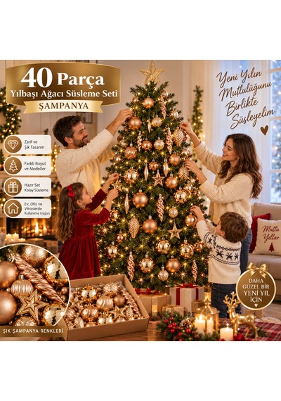 40 Parça Şampanya Yılbaşı Ağacı Süsleme Seti Zarif Top, Yıldız, Damla Ve Dekoratif Süsler 3 CM