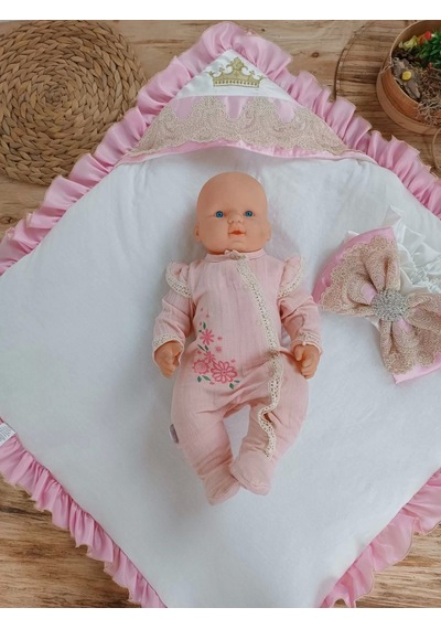 Yenidoğan Grand Lüks Kelebek Ağır Güpür İşlemeli Şapkalı Bebek Battaniyesi Kundak Pembe Pembe