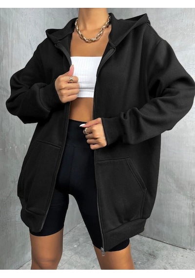 Basic Düz Hırka - Gri Kışlık Oversize Kapüşonlu Fermuarlı Cep Detaylı Hırka Siyah