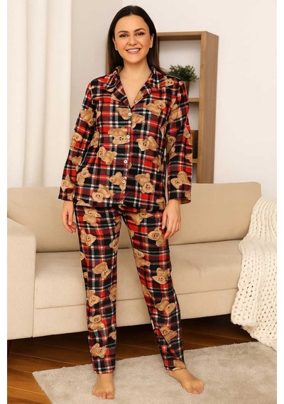 Tenra Kadın Pijama Takımı Boydan Düğmeli Süet Ayıcık Desenli Kırmızı