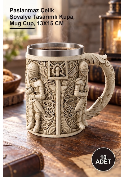 10 Adet Şovalye Kupa Bardak Paslanmaz Çelik Şovalye Tasarımlı Kupa, Mug Cup, 13x15 Cm