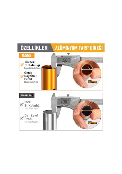Haegs Ayarlanabilir Tarp Tente Direkleri, 2 Li Set, Teleskopik Alüminyum Çadır Gölgelik Branda Direkleri, Kamp Direği Katlanabilir Hafif Karavan Araç Yan Tente Direği - Gümüş