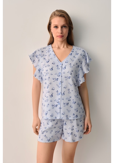 Suwen Betty Gömlek Yaka Şort Pijama Takımı Sh26625667b956 Mavi