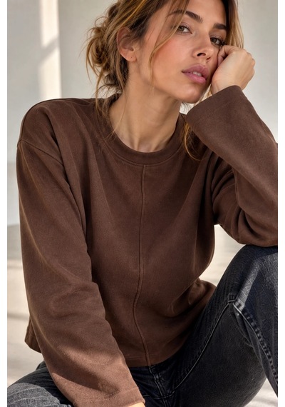 Bb Butik Basic Ön Dikiş Detaylı Basic Sweatshirt Günlük Rahat Kesim My3535 Kahverengi
