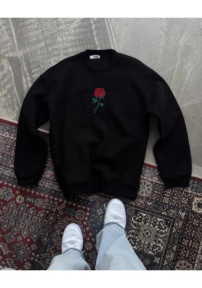 Zenna Tarz Oversize Üç İplik Bisiklet Yaka Baskılı Sweatshirt - Siyah