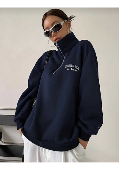 Kozia Outdoors Nebraska Baskılı Dik Yakalı Fermuarlı Oversize Unisex Sweatshirt Lacivert