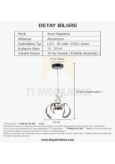 Tt306-25-tpl-kr Tt Ayd. Kavis 25lik Krom Tektoplu 3renk Led Avize Krom