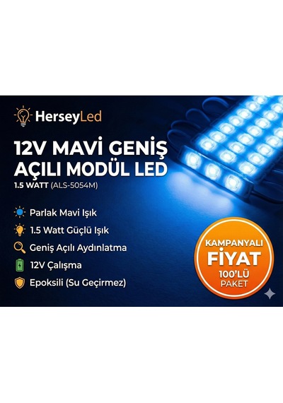 100 Adet Mavi Mercekli Modül Led 5054 Mavi