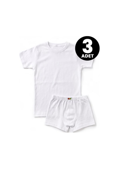 Öts Çocuk 3'lü Pamuklu T-shirt Boxer Takım Günlük Konforlu 7452-3 Beyaz-Beyaz