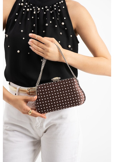 Lebibe Shoes Polkıa Kahverengi Saten Kumaş Puantiye Desenli Zincir Askılı Klips Kapamalı Clutch Çanta