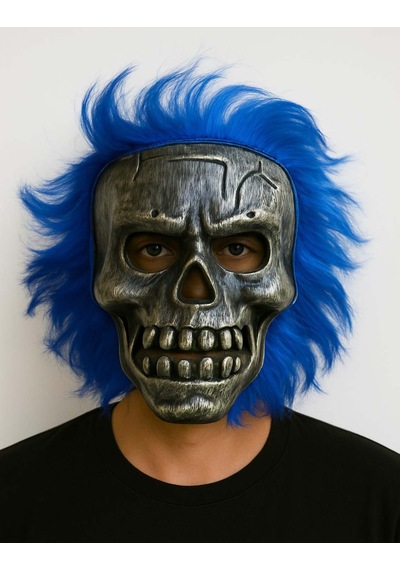 Wild Skull - Gümüş Kafatası Mavi Saçlı İskelet Maske Çok Renkli