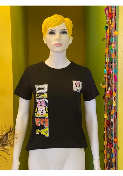 %100 Pamuk Basik Bisiklet Yaka Örme Mickey Mause Minny Mause T-shirt Siyah