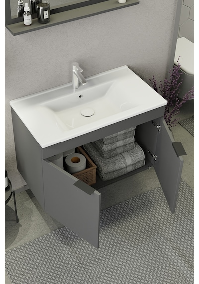Biani Fix Arya 85 Cm Banyo Dolabı,Seramik Lavabolu, Aynalı,Lavabo Dahil,Mdf,Mat Gri
