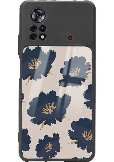 Xiaomi Poco X4 Pro Blue Flowers Tasarımlı Glossy Telefon Kılıfı Siyah
