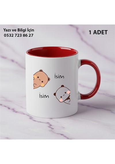 Tekli Hediye Renkli Kupa Dudu Bubu Çift Taraf Baskılı Arkalı-önlü İsim Ve Yazı Yazılabilir Kırmızı