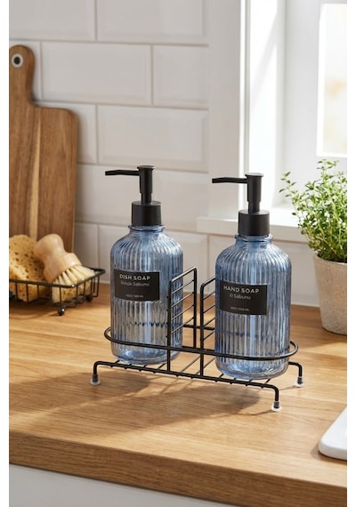 Buççin Online Mağaza Modern Çizgili Yuvarlak Cam Ikili Sıvı Sabunluk & Deterjanlık Seti, Mavi - 500 Ml Cam Sabunluk Cam M Çok Renkli