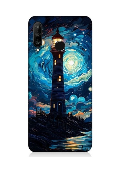 Huawei P30 Lite Uyumlu Ay Işığında Yalnız Deniz Feneri Desenli Silikon Kılıf