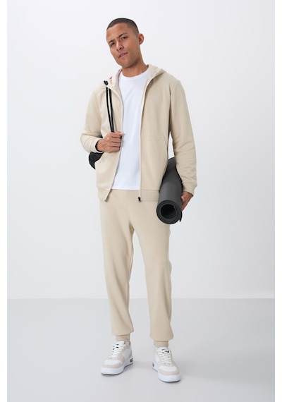 Tommy Life Bej Kompakt Pamuklu Kalın Pürüzsüz Dokulu Kapüşonlu Comfort Fit Erkek Eşofman Takım - 85262 Bej