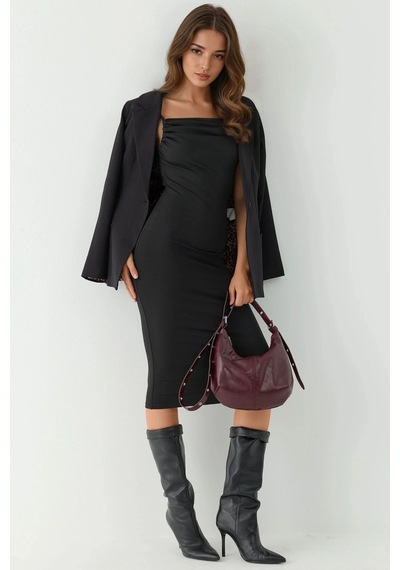 Hiccup Degaje Yaka Bodycon Midi Elbise Siyah
