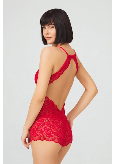 Cottonhill Kırmızı Çıtçıtlı Sırt Dekolte Transparan Kaplı Dantelli Bodysuit Kirmizi