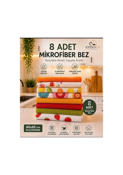 8 Adet Mikrofiber Mutfak Kurulama Bezi 40x60 Cm Leke Bırakmaz Desenli Temizlik Bezi Seti Diğer